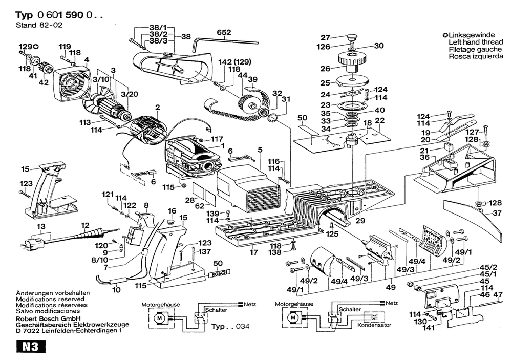Section 1 Diagram and Parts List for 0601590040  Bosch Planer Jointer