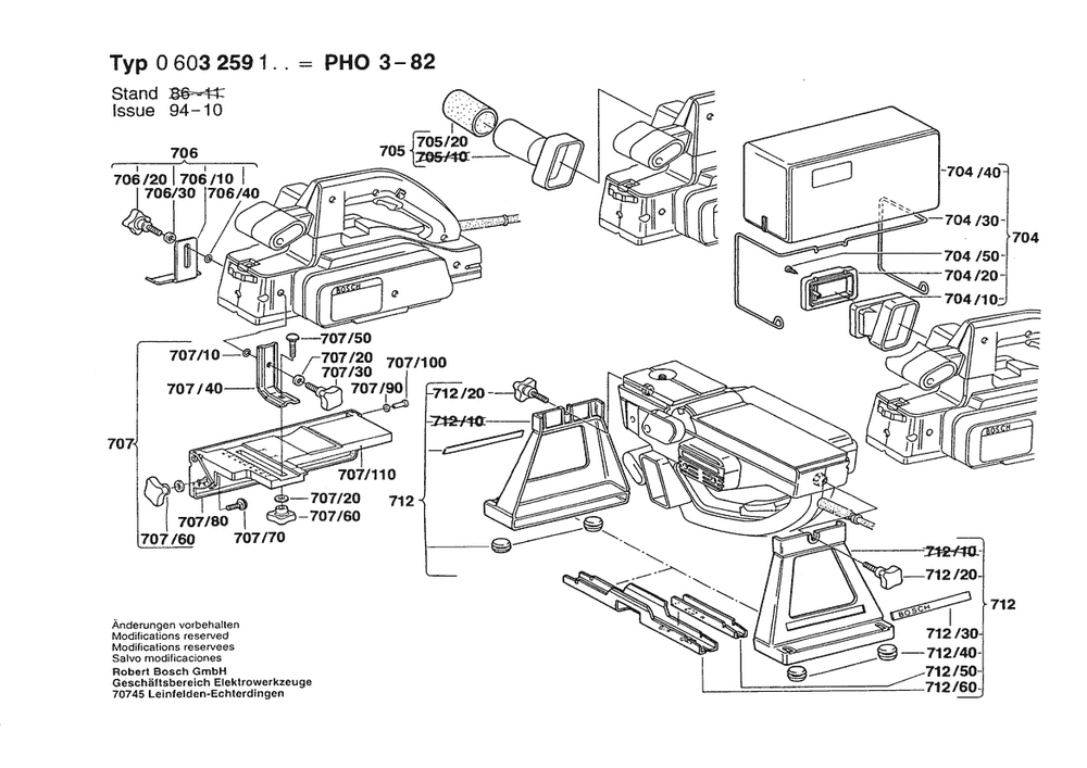 Section 2 Diagram and Parts List for PHO30-82 0603259103 Bosch Planer Jointer