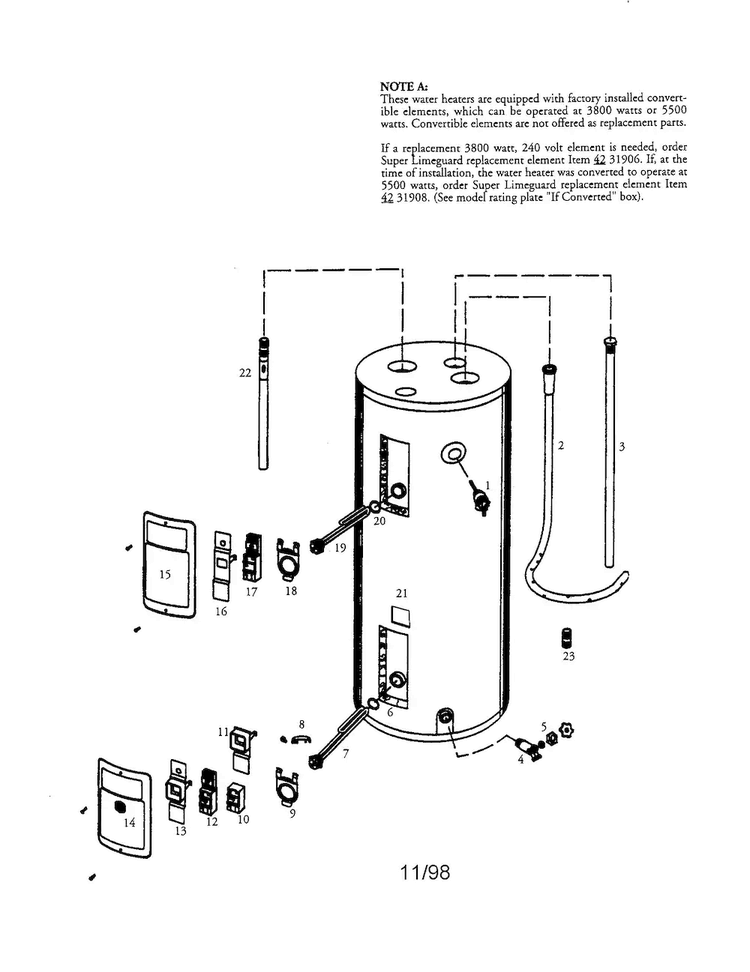 50 Gallon Electric Water Heater Diagram and Parts List for 153314574  Kenmore Water Heater