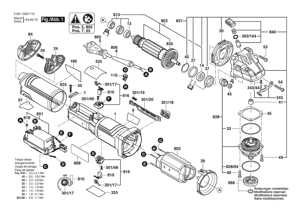 Section 1 Diagram and Parts List for 3601GD0710  Bosch Angle Grinder