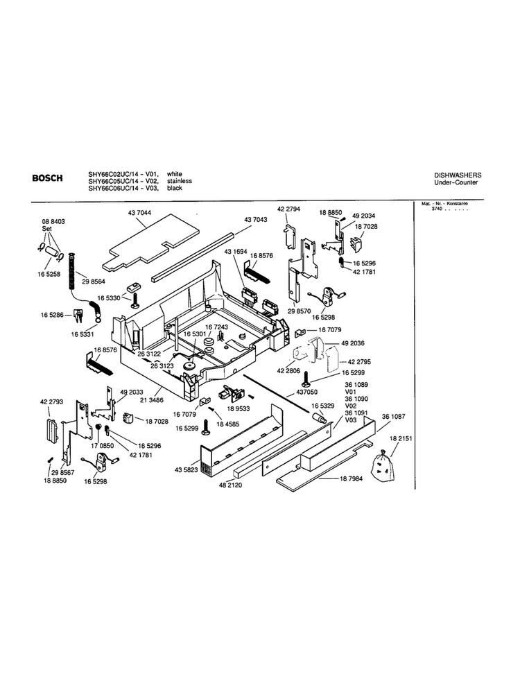 Base Assembly Diagram and Parts List for SHY66C02UC 14 Bosch Dishwasher