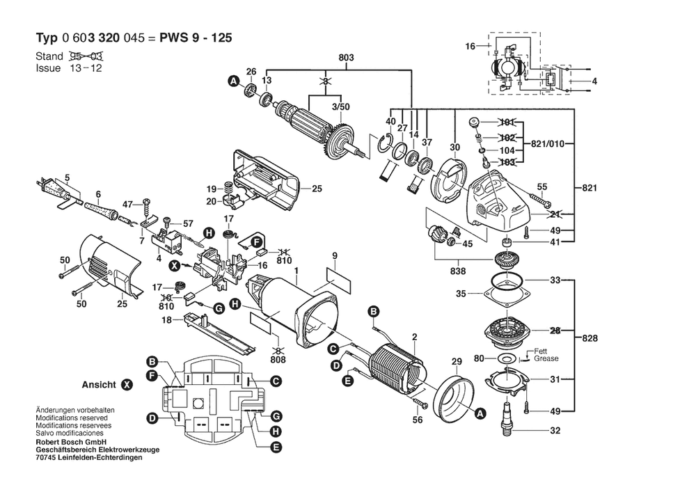 Section 1 Diagram and Parts List for PWS9-125 0603320045 Bosch Angle Grinder