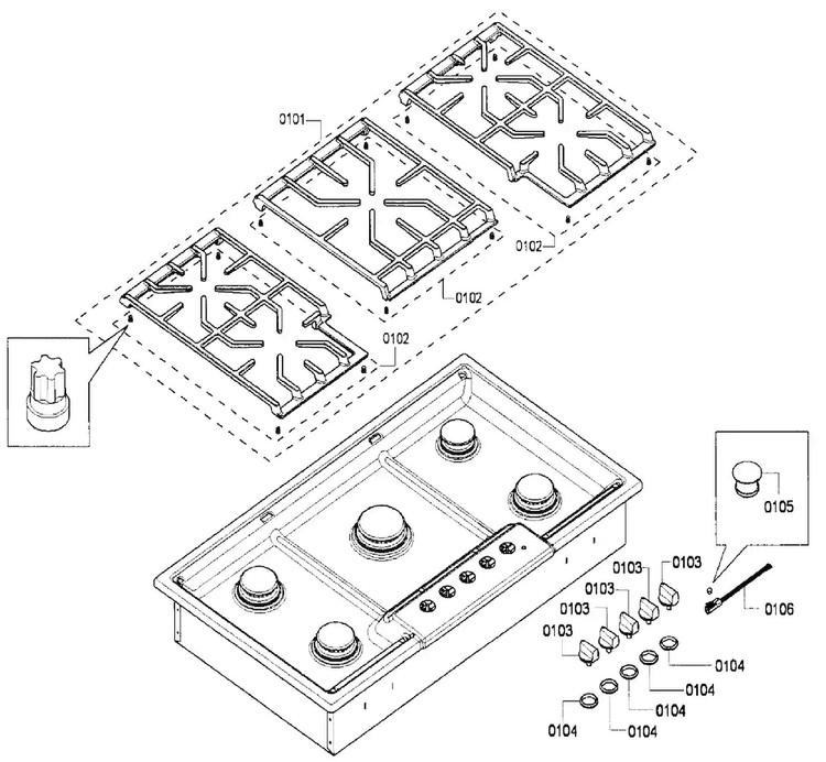 Grates Diagram and Parts List for NGM5654UC 03 Bosch Cooktop
