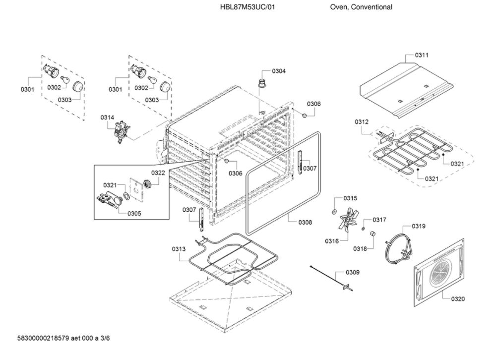 Body/Bake Element Diagram and Parts List for HBL87M53UC 01 Bosch Wall Oven