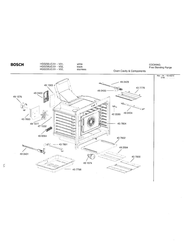 Oven Cavity Components Diagram and Parts List for HGS235UC 01 Bosch Range
