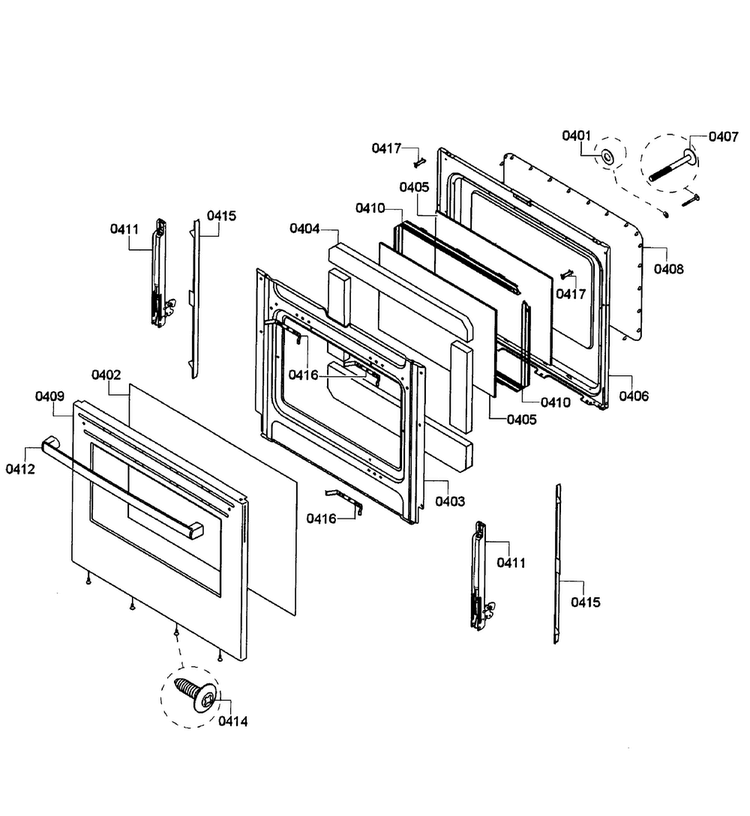 Door Assy Diagram and Parts List for HES3053U 05 Bosch Range