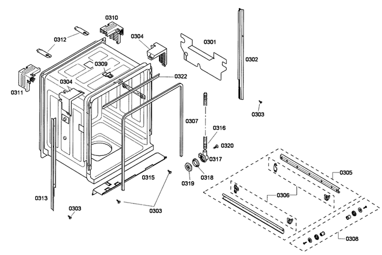 Cabinet Diagram and Parts List for SHE33P05UC 56 Bosch Dishwasher