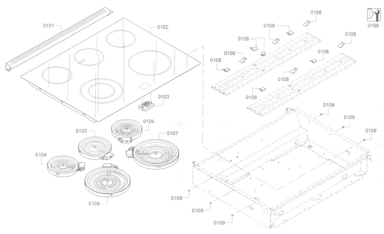 Cooktop Diagram and Parts List for HEI8054U 05 Bosch Range