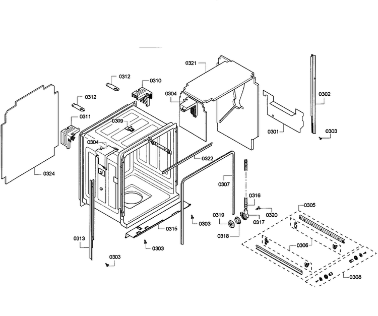 Cabinet Diagram and Parts List for SHE55C05UC 65 Bosch Dishwasher