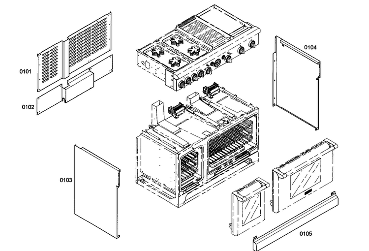 Outside Cabinet Diagram and Parts List for PRG484ECG04  Thermador Range