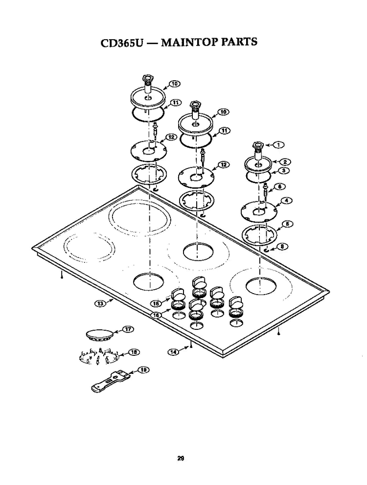 Maintop Diagram and Parts List for CD365U  Thermador Cooktop