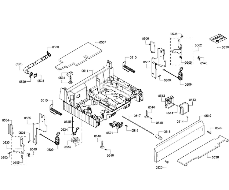 Base Assy Diagram and Parts List for SHE43P15UC 64 Bosch Dishwasher
