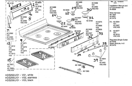 Maintop Asy Diagram and Parts List for HDS255U 01 Bosch Range