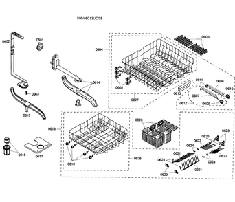 Baskets Assy Diagram and Parts List for SHV46C13UC 38 Bosch Dishwasher
