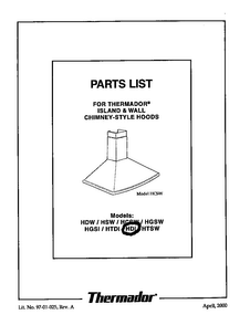 Cover Diagram and Parts List for HDI  Thermador Range Hood