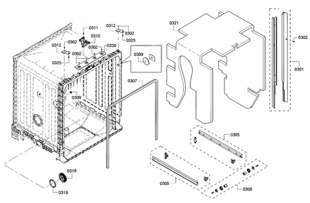 Frame Diagram and Parts List for SHE3AR52UC 18 Bosch Dishwasher
