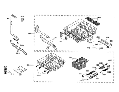 Upper/lower Racks Diagram and Parts List for SHE47C02UC 21 Bosch Dishwasher