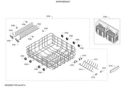 Lower Rack/Cutlery Basket Diagram and Parts List for SHPM78Z55N 01 Bosch Dishwasher