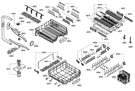 Rack Diagram and Parts List for SHE9PT55UC 74 Bosch Dishwasher