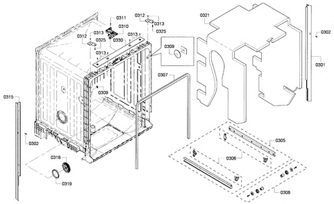 Cabinet Diagram and Parts List for SHE6AP06UC 02 Bosch Dishwasher