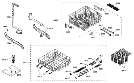 Racks Assy Diagram and Parts List for SHE45M02UC 46 Bosch Dishwasher