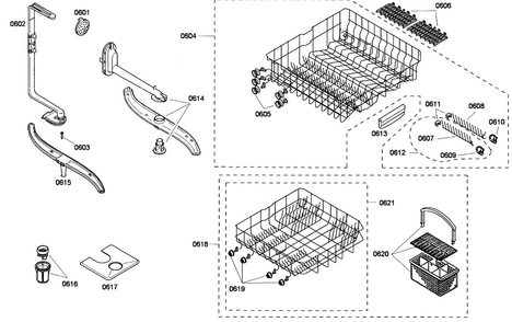 Baskets Diagram and Parts List for SHE43F02UC 53 Bosch Dishwasher