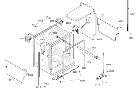 Cabinet Diagram and Parts List for SHE43M05UC 43 Bosch Dishwasher