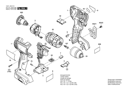 Figure 1 Diagram and Parts List for 3601JN3310 GSB18V-65 Bosch Cordless Drill
