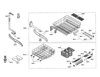 Upper/lower Racks Diagram and Parts List for SHE47C06UC 21 Bosch Dishwasher