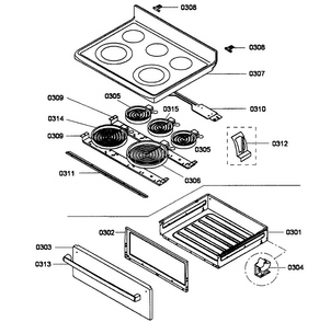 Top/drawer Diagram and Parts List for HES5053U 01 Bosch Range