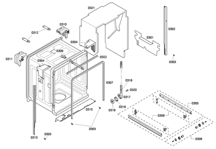 Cabinet Diagram and Parts List for SHE43P06UC 59 Bosch Dishwasher