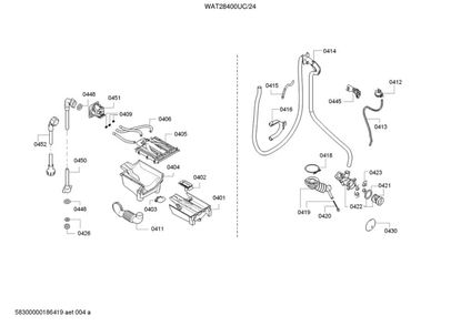 Dispenser Tray/Pipe Outlet Parts Diagram and Parts List for WAT28400UC 24 Bosch Washer