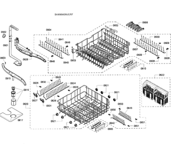 Baskets Diagram and Parts List for SHX98M09UC 57 Bosch Dishwasher