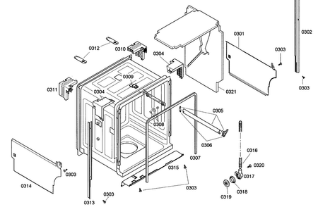 Cabinet Diagram and Parts List for SHE43M06UC 43 Bosch Dishwasher