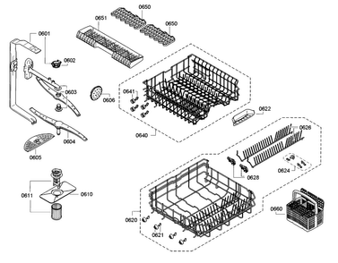 Rack Diagram and Parts List for SGE63E06UC A3 Bosch Dishwasher