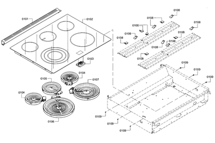 Burner Assy Diagram and Parts List for HEIP054U 02 Bosch Range