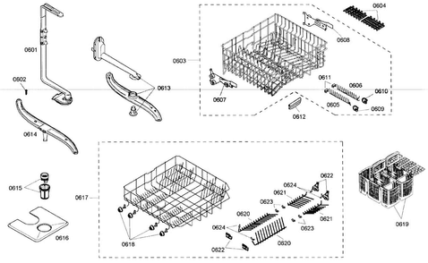Racks Diagram and Parts List for SHE45M05UC 48 Bosch Dishwasher