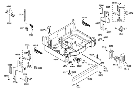Base Assy Diagram and Parts List for SHE43C02UC 18 Bosch Dishwasher