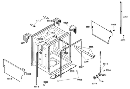 Cabinet Diagram and Parts List for SHE43C02UC 40 Bosch Dishwasher