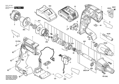 Figure 1 Diagram and Parts List for 3601JK7010 GTB 18V-45 Bosch Cordless Drill