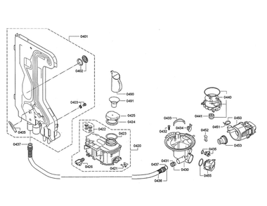 Water Softener/Water Inlet/Sump Diagram and Parts List for DWHD640JFP 98 Thermador Dishwasher