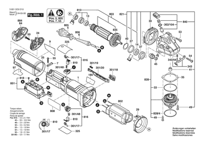 Section 1 Diagram and Parts List for 3601GD0310  Bosch Angle Grinder