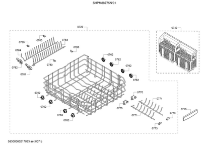 Lower Racks Diagram and Parts List for SHPM88Z75N 01 Bosch Dishwasher