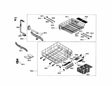 Racks/spray Arm Diagram and Parts List for S35KMK17UC 18 Bosch Dishwasher