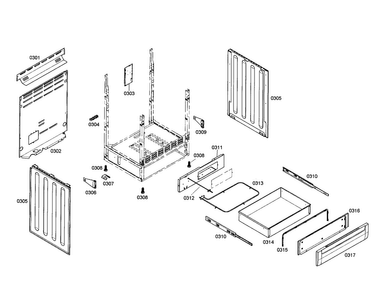 Side Panels/drawer Diagram and Parts List for HES7022U 01 Bosch Range