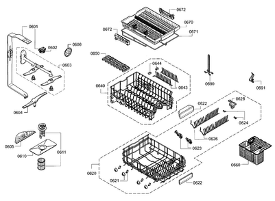Rack Diagram and Parts List for SPV68U53UC 23 Bosch Dishwasher