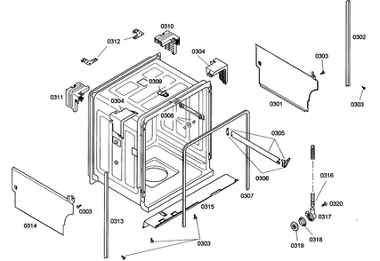 Cabinet Diagram and Parts List for SHE42L16UC 38 Bosch Dishwasher