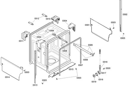 Cabinet Diagram and Parts List for SHE43C06UC 40 Bosch Dishwasher