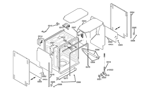 Frame & Cavity Diagram and Parts List for SHU5302UC 14 Bosch Dishwasher