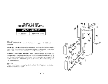Water Heater Diagram and Parts List for 153329266  Kenmore Water Heater